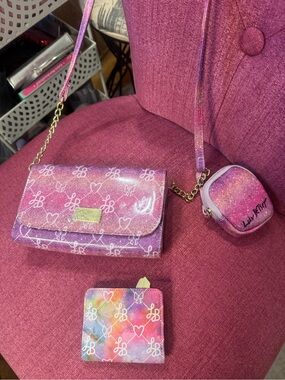Betsey Johnson Pink Purple Multi Glitter Crossbody Bag with Coin Case